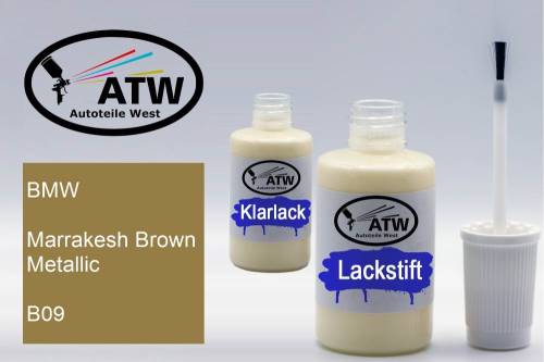 BMW, Marrakesh Brown Metallic, B09: 20ml Lackstift + 20ml Klarlack - Set, von ATW Autoteile West.